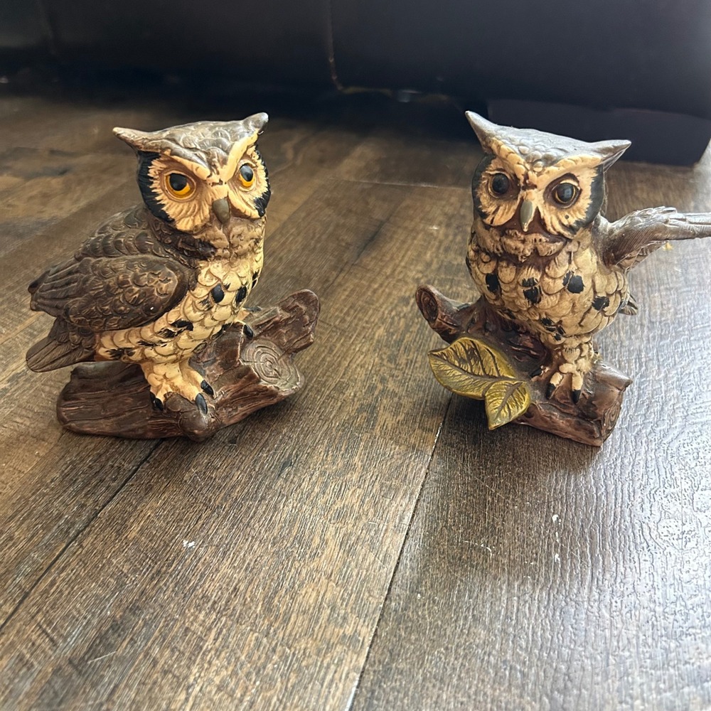 Vintage Norleans Japan Owl Figurines Set of 2 Ceramic Bird Statues Brown Tan